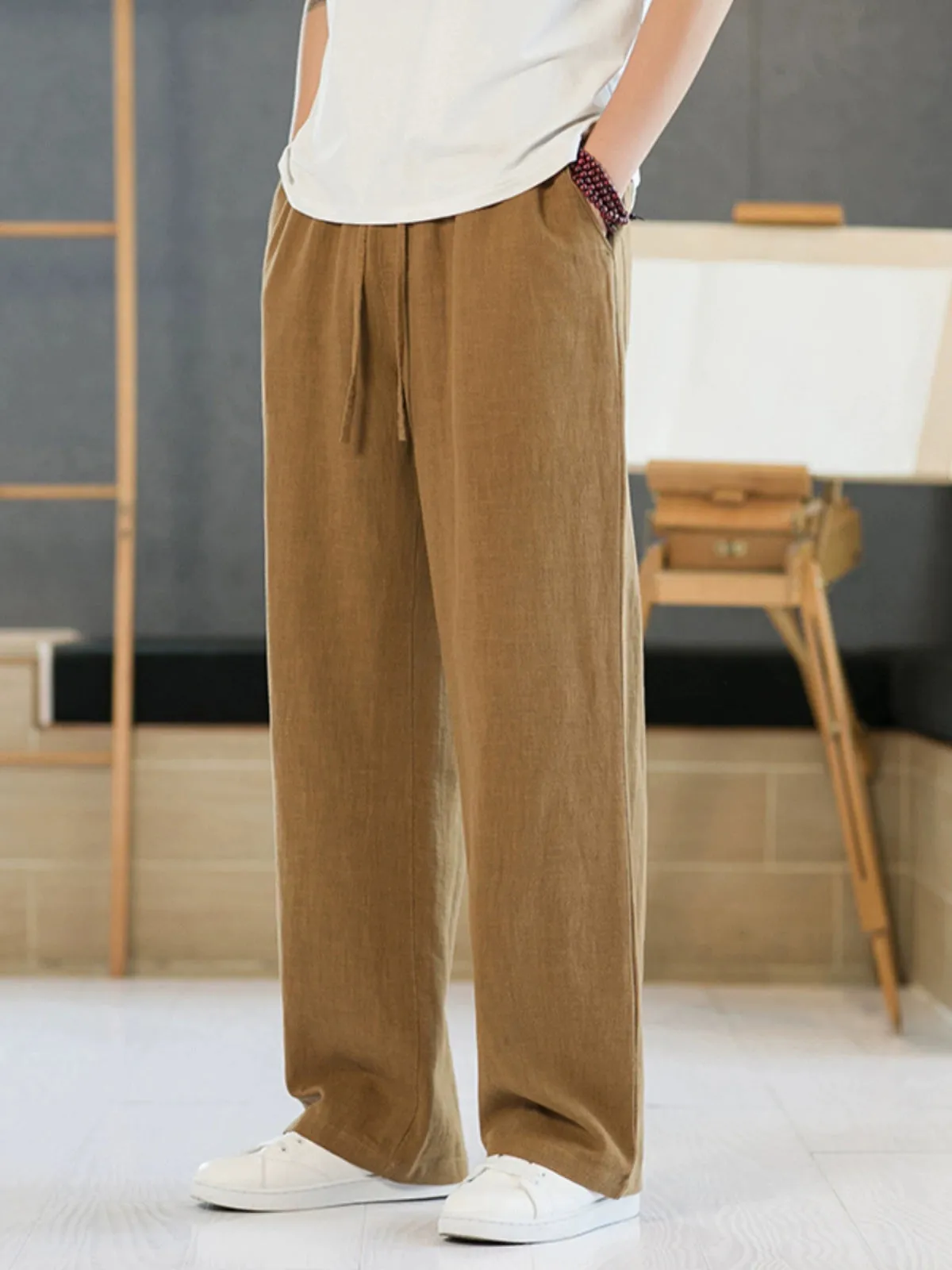 Xituodai Loose Straight-leg Men Casual Summer Drape Linen Pants