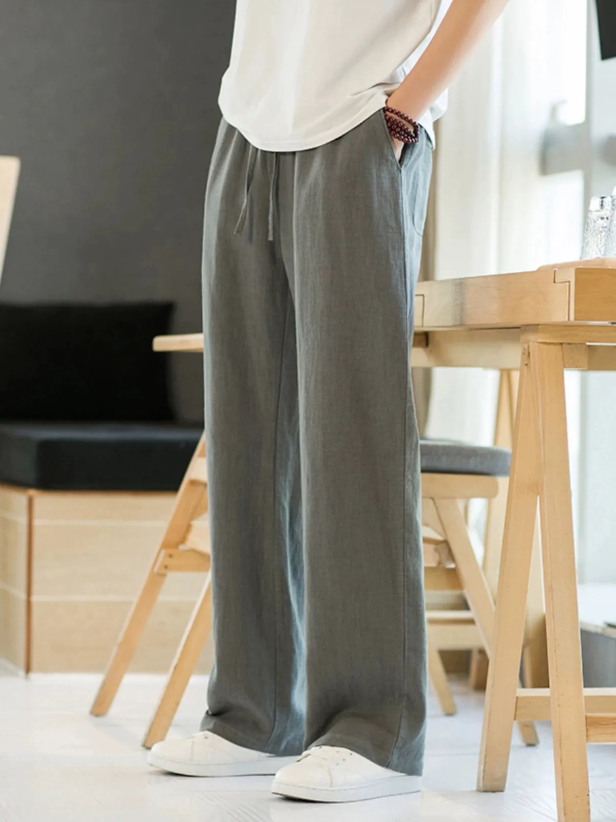 Xituodai Loose Straight-leg Men Casual Summer Drape Linen Pants