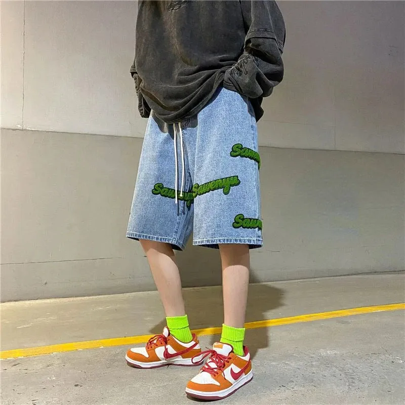 Xituodai Summer Embroidery Letter Denim Shorts for Men Harajuku Casual Baggy Short Jeans Y2k Retro Oversized Wide Leg Knee Lengh