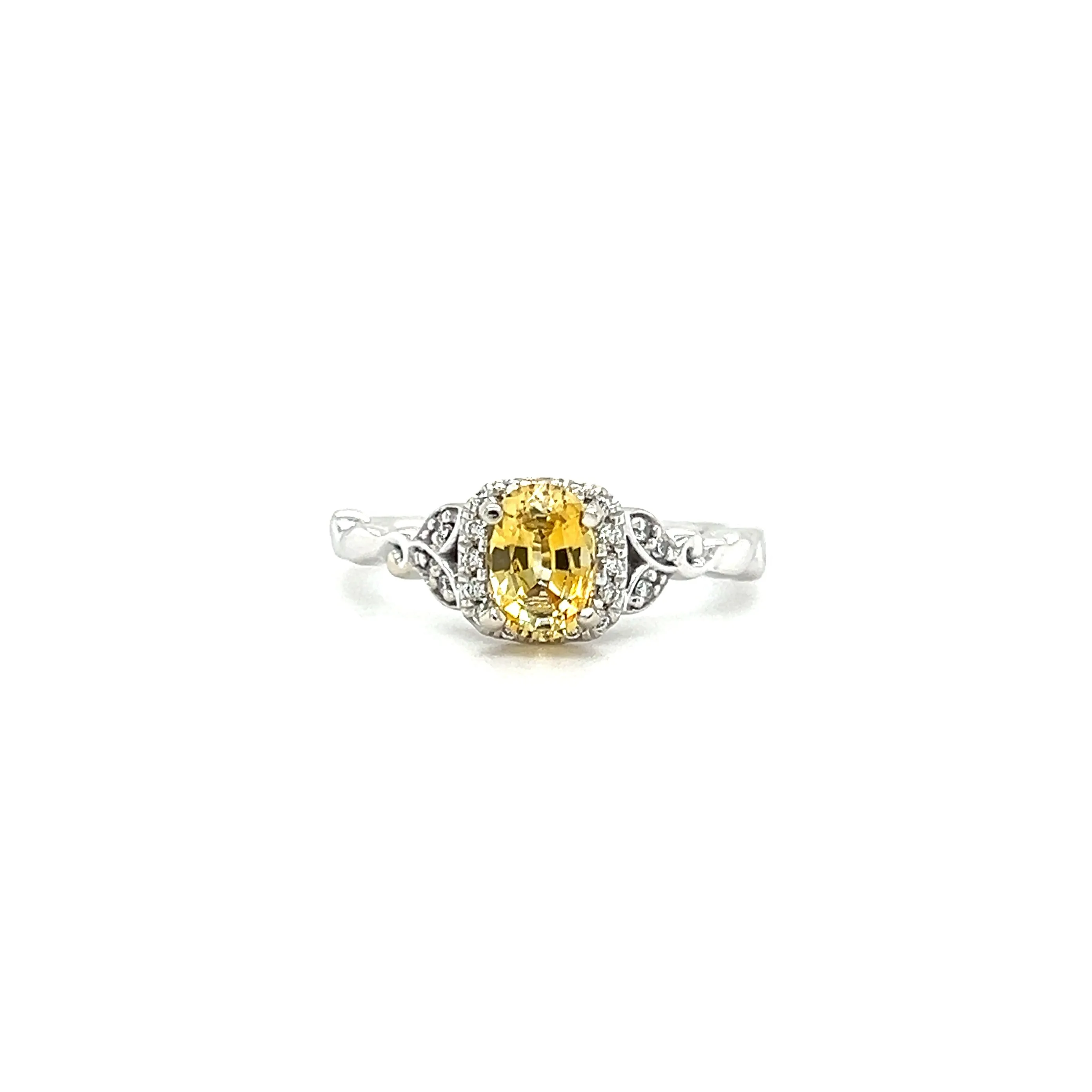 Yellow Sapphire Ring with Diamond Halo and Vine Details in 14K White Gold