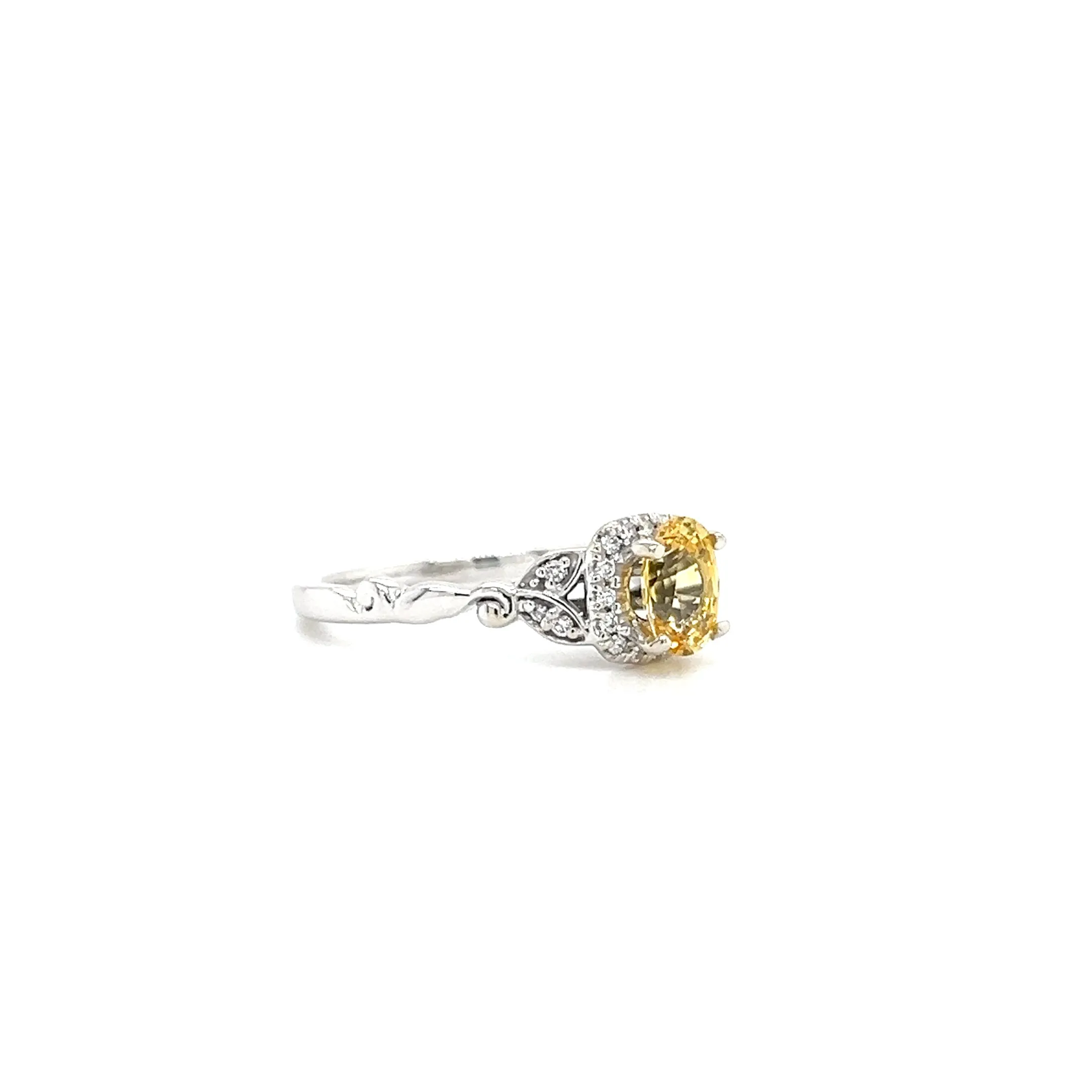 Yellow Sapphire Ring with Diamond Halo and Vine Details in 14K White Gold