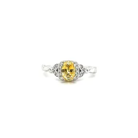 Yellow Sapphire Ring with Diamond Halo and Vine Details in 14K White Gold