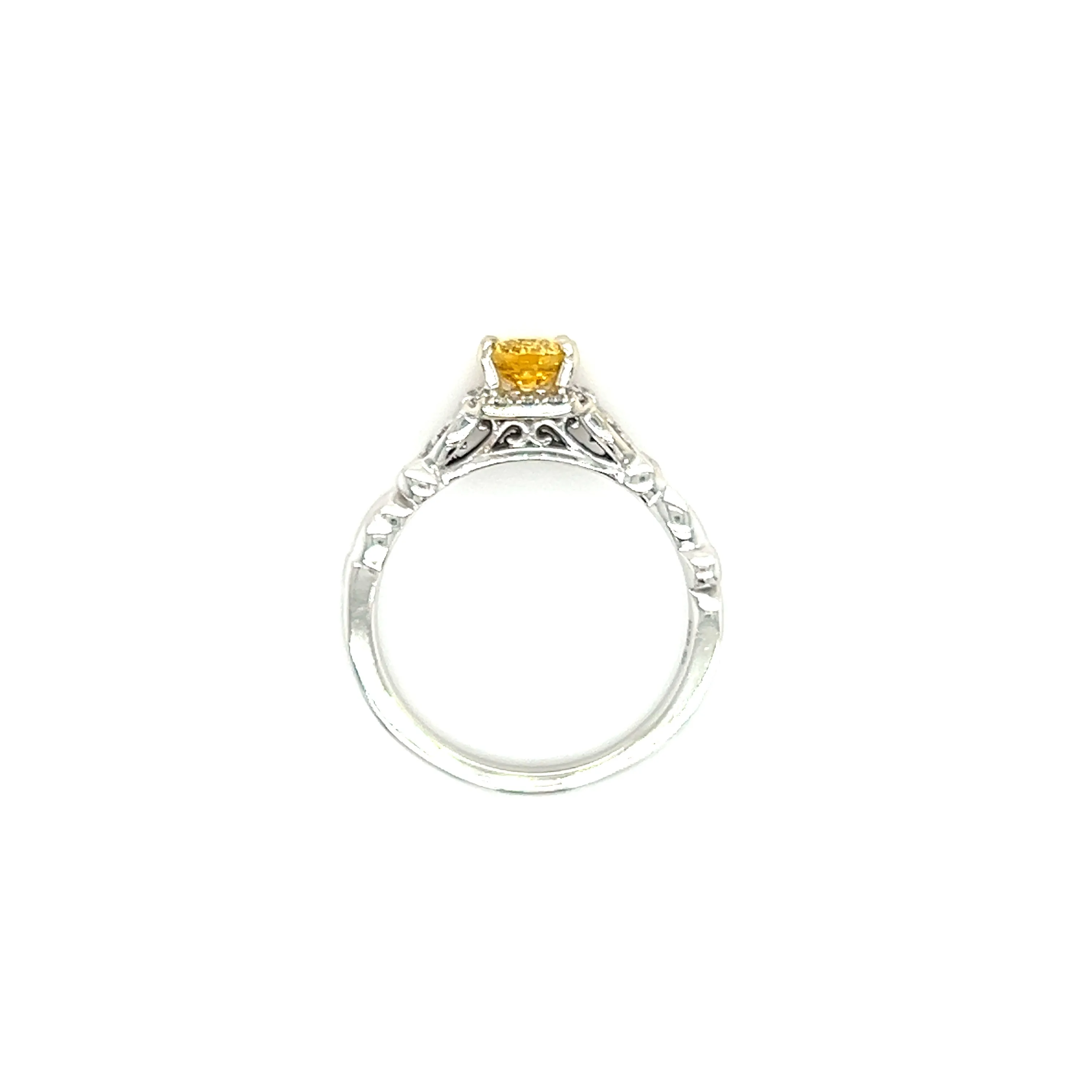 Yellow Sapphire Ring with Diamond Halo and Vine Details in 14K White Gold